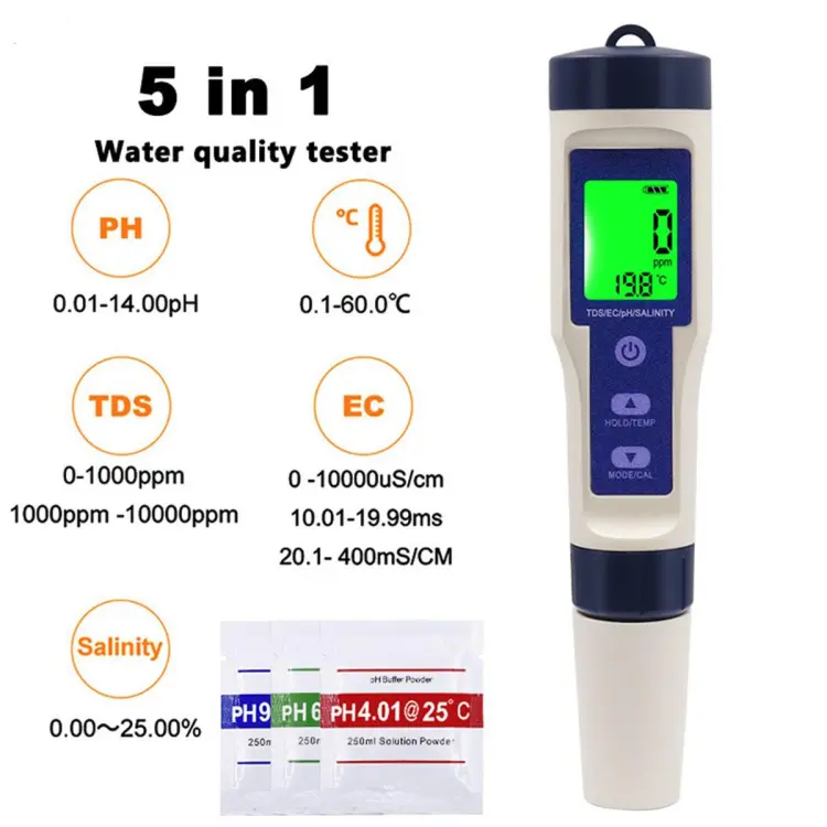 TDS, EC, pH, Salinity, Temperature Meter for Water Quality Testing - Image 4
