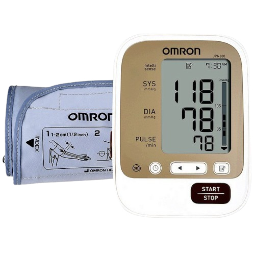 A white and tan Omron JPN600 Automatic BP Monitor is shown on a white background. To the left is the light blue arm cuff with the Omron logo and usage instructions. The digital display on the monitor shows a systolic pressure of 118 mmHg